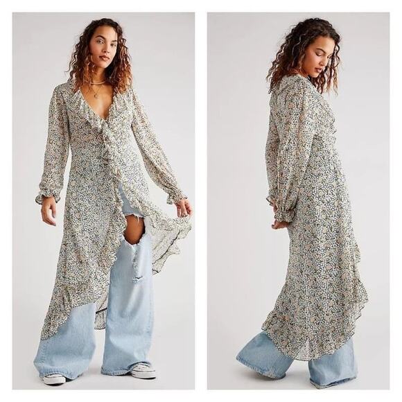 NWT Free People Gigi Semi Sheer Floral Maxi Top $198 SMALL Ivory Long Sleeve